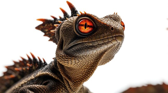 Close up view of basilisk lizard with bright orange eyes, spiky brown scales, and sharp orange dorsal crests. Creature stands against clean white background, isolated.