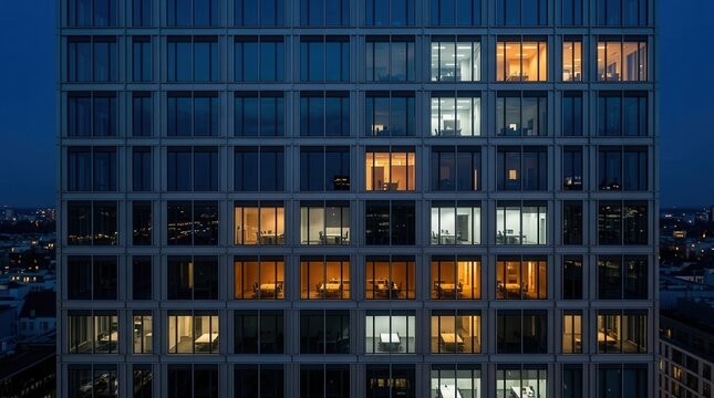 Aerial top view of an office building featuring blinking and glowing lights during a late evening timelapse
