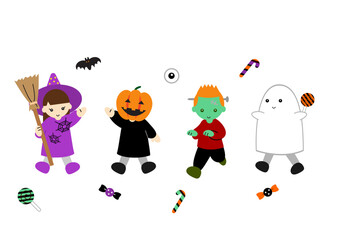 Naklejka premium ハロウィンの仮装をして楽しむかわいい子供たちのイラスト素材