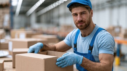 Fototapeta premium Male warehouse worker in blue overalls and gloves prepares cardboard boxes for shipping inside a large inventory warehouse with shelves in the background