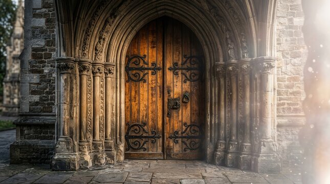 Large historic church entrance with carved wooden panels, focusing on architectural heritage for World Heritage Day