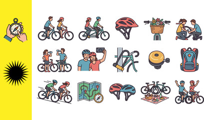 Fototapeta premium Collection of fifteen cycling couple icons featuring tandem helmet basket repair race selfie lock bell backpack map helmets picnic celebration