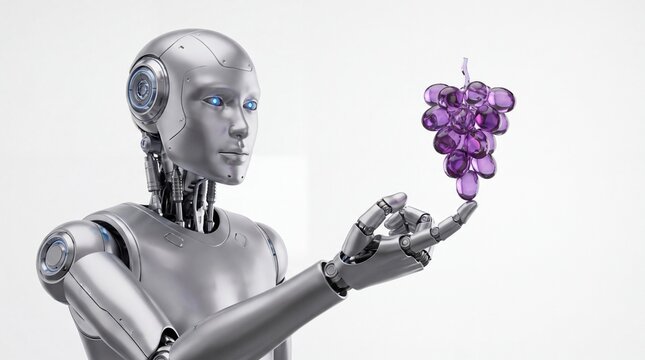 Silver humanoid robot balancing purple grapes on its fingertip against white background with metallic android robot