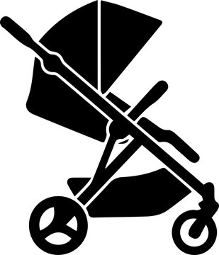 Black baby stroller stroller vector icon depicting modern pushchair for toddler outdoor travel.
