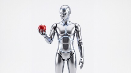 Fototapeta premium A metallic humanoid robot holding a red apple in its hand against a white studio background with figure stands