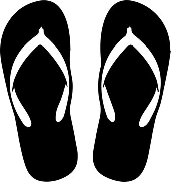 Black flip flop sandals silhouette icon pair isolated on transparent grid background for beach summer design.