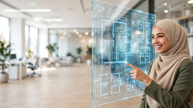 Muslim female architect using futuristic transparent touch screen with architectural blueprints in modern office