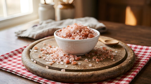 Himalayan Pink Salt Crystal Rocks in Bowl on Wooden Table