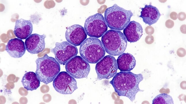 Microscopic analysis showing blast cells from a bone marrow aspirate of acute myeloid leukemia