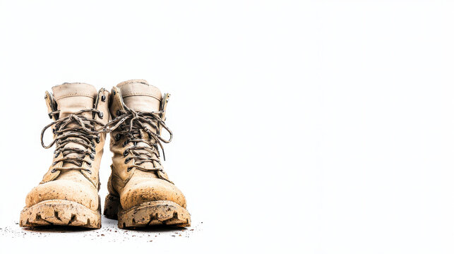 Worn hiking boots with dirt and mud, showcasing rugged outdoor gear and adventure spirit