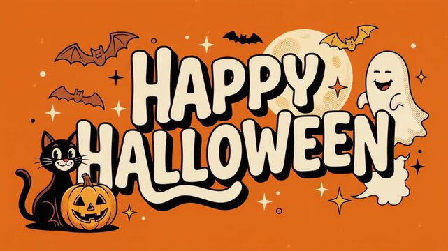 Happy Halloween animation greeting with retro cartoon black cat, smiling jack-o-lantern, friendly ghost, flying bats, and full moon on an orange background.