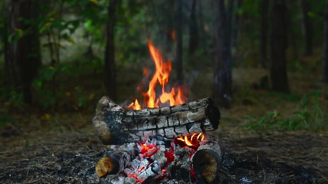 Campfire burning in the forest with bright flames and smoking logs. Seamless loop of a campfire in the woods featuring charred logs, vibrant flames, and soft smoke for background video and ASMR.