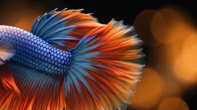 Colorful betta fish tail fin detail in dark water aquatic