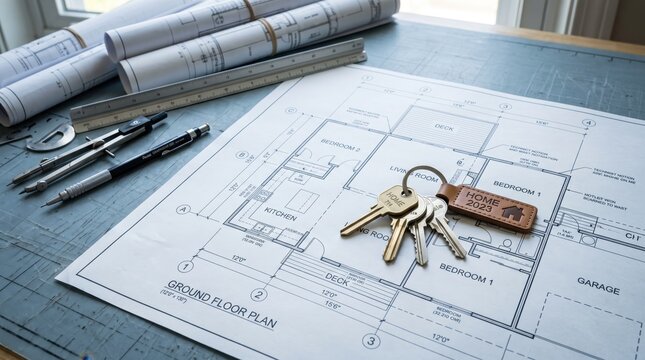 Architectural blueprint of a ground floor plan with house keys resting on the paper, surrounded by drafting tools like compass, ruler, and pencils on a wooden desk surface.