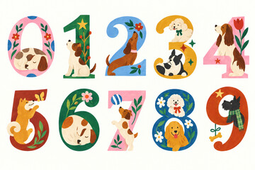 Naklejka premium Cute Dog Numbers 0 to 9 Colorful Decorative Illustration Set