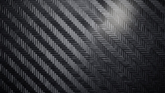 Carbon fiber 4x4 twill weave texture background with long diagonal floats, wide glossy tows of black composite material forming bold stripes, high end motorsport and industrial design backdrop