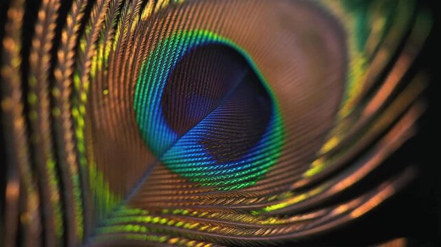 Close-up of peacock feather eye pattern bird plumage macro