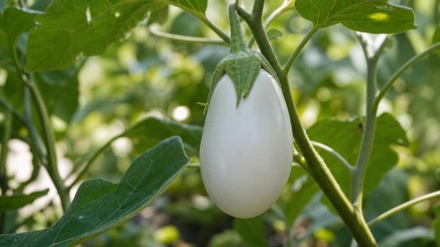 Close up of fresh white eggplant growing on plant with green leaves in garden