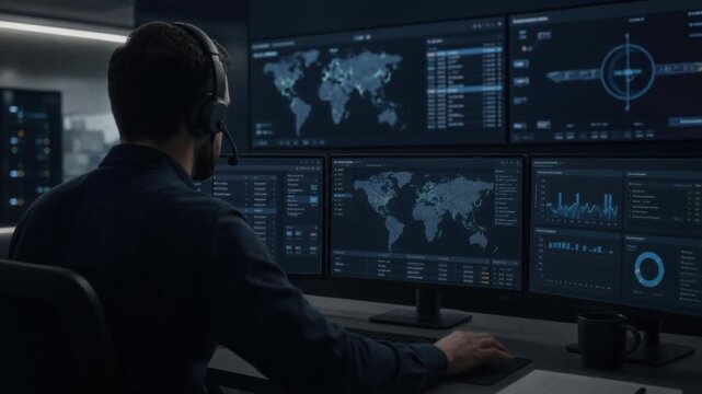 Global cyber security analyst monitoring data and world maps in high tech control room