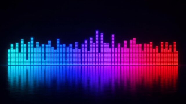 Colorful digital sound wave equalizer with blue purple and red bars reflecting on glossy surface