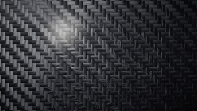Carbon fiber 2x2 twill texture background with diagonal rib lines running across the frame, glossy black woven composite material lit from the side, premium automotive and racing backdrop