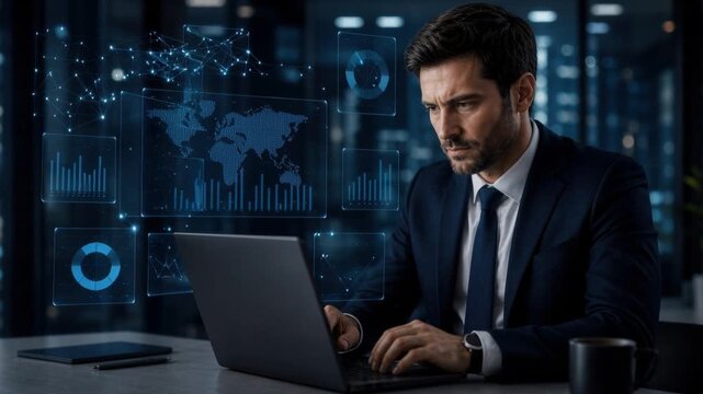 Focused businessman working on laptop with digital global data charts in modern office at night