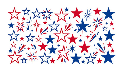 Fototapeta premium Set of patriotic stars with red and blue firework elements isolated on white background flat.