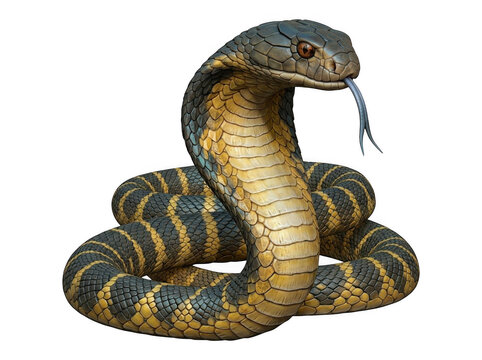 Cobra snake coiling with raised hood and forked tongue out venomous poisonous dangerous predator wildlife isolated