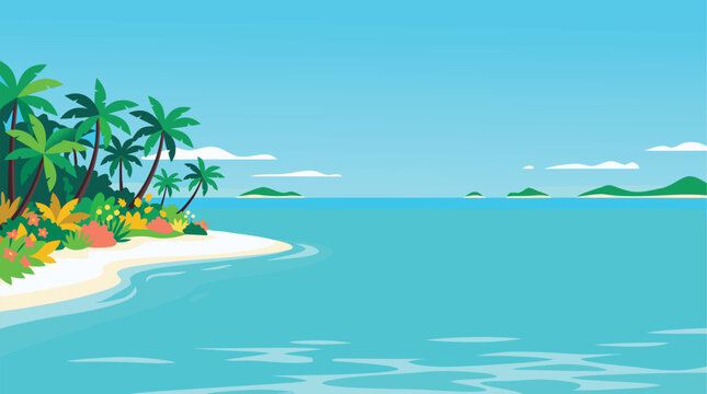 Scenic tropical beach background with lush palm trees on sandy shore and calm turquoise ocean water under blue sky, vector illustration.