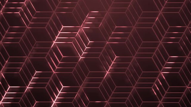Abstract geometric pattern of interlocking hexagonal cubes with reflective edges background animation
