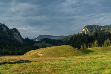Obraz premium Picturesque alpine landscape featuring rolling green pastures, dense pine forests, and rocky mountain peaks bathed in soft evening light under a dramatic sky in the Bregenzerwald region of Vorarlberg,