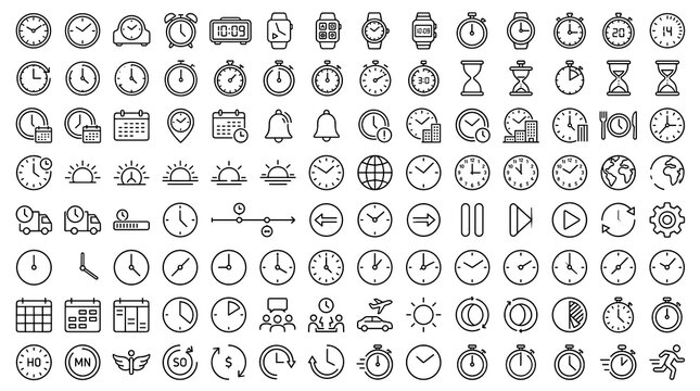 90 Clock and Time Management Line Icons Featuring Watches, Timers, Calendars, Schedules, Alarms, Appointments, Productivity and Time Tracking
