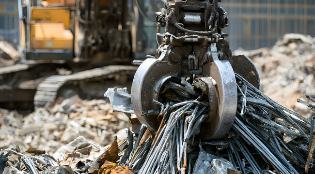 Industrial grapples handle scrapped metal, rebar, and other debris in construction and demolition yards for reuse and waste management purposes.