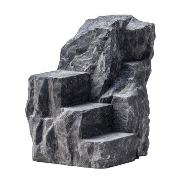 A dark gray, roughly hewn stone sculpture resembling a miniature cliff face with integrated steps