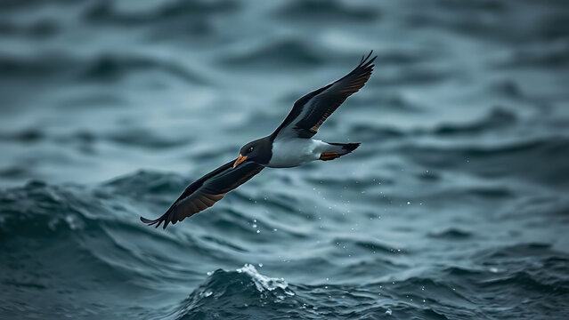 Dark seabird gliding over ocean waves, marine wildlife and stormy sea concept