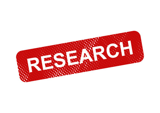 Red research button with stamp style illustration
