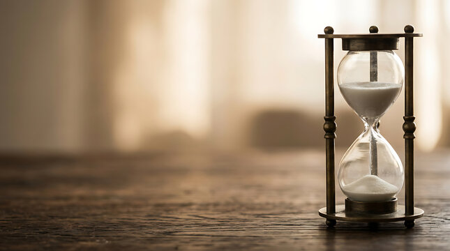 Vintage hourglass on a rustic wooden table with white sand flowing, representing time passing and management concept