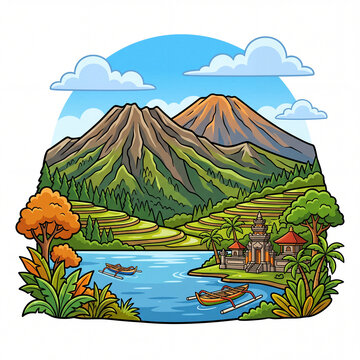 Bali Lake and Mountain Landscape Cartoon Game Asset