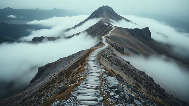 Aerial view of misty mountain path winding towards peak.