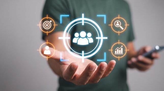 Customer targeting and audience segmentation concept, man with open palm analyzing digital marketing data for consumer profiling, lead generation, and business strategy