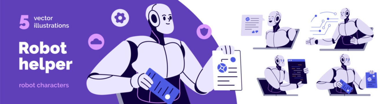 Smart virtual robot helper, chatbot set. AI, artificial intelligence, machine learning technology concept. Automated chat bot, digital assistant. Flat vector illustration isolated on white background