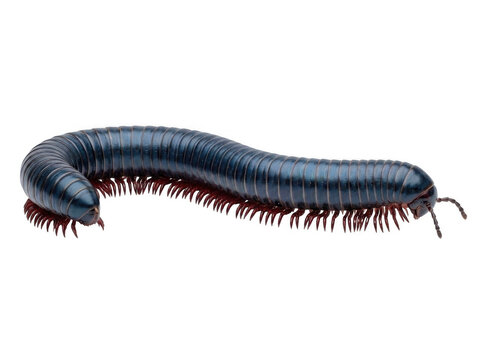 Dark blue millipede crawling isolated on a white background with many legs segmented body cut out no background