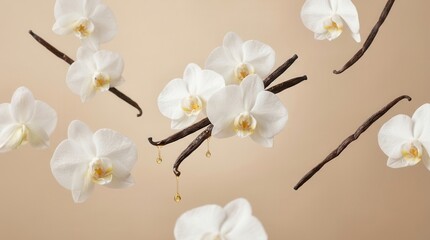 Obraz premium Flying orchid flowers and vanilla sticks against a beige background
