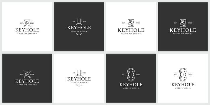Set of eight vintage keyhole logotype designs with decorative line art elements