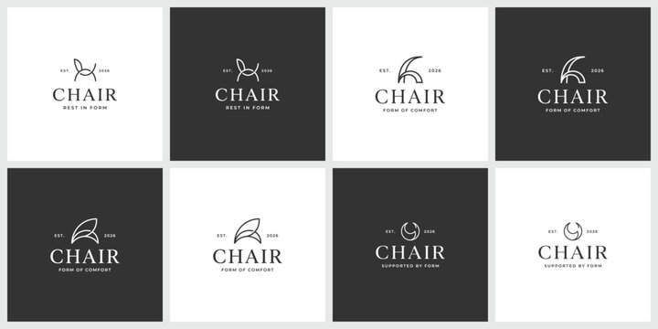 Set of eight professional chair logotype designs featuring furniture line art