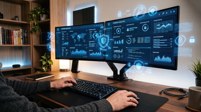 Cybersecurity analyst monitoring network security data on dual curved monitors with futuristic holographic interface, protecting digital information from cyber threats and hacking attacks