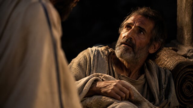 Sick man lying at pool of Bethesda looks up at Jesus standing before him. Biblical scene of healing paralytic after 38 years of illness in Jerusalem.