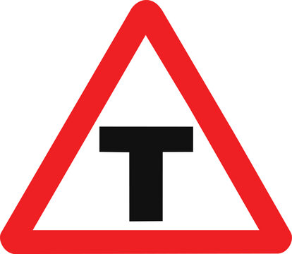 T-junction ahead warning road sign a red triangular traffic symbol for driver safety and navigation isolated on white