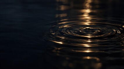 Fototapeta premium A single water drop creates ripples on a dark, reflective surface. Golden light streaks across the water, catching the movement.