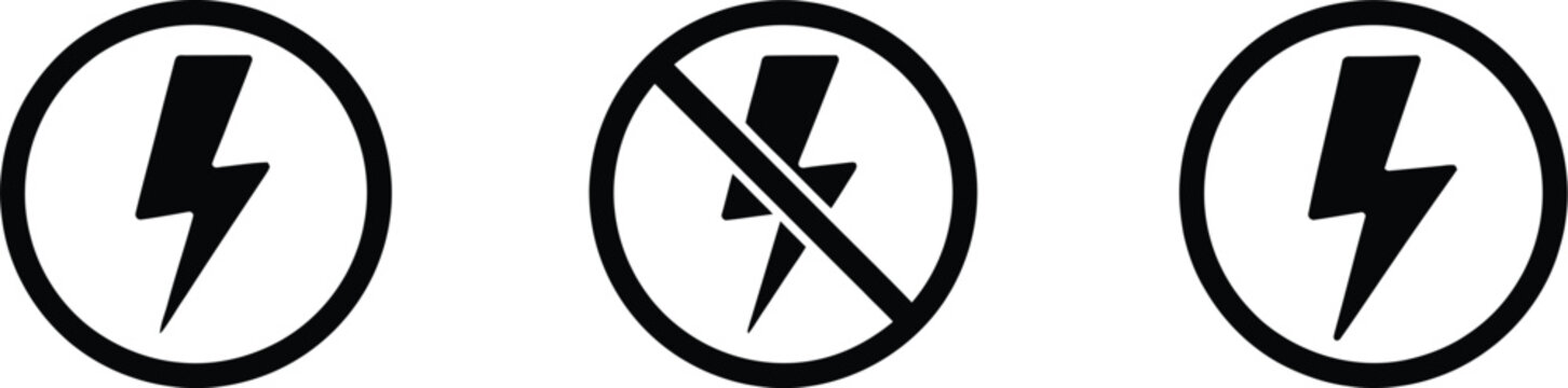 Lightning bolt icon set showing power on and off states for electricity, energy, switches, electrical systems, and control